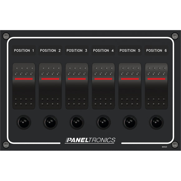 Paneltronics Waterproof Panel - DC 6-Position Illuminated Rocker Switch & Circuit Breaker - Fishing Monsters