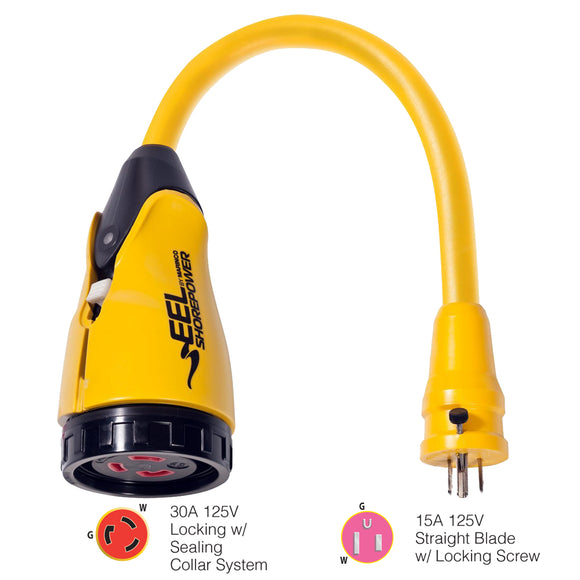 Marinco P15-30 EEL 30A-125V Female to 15A-125V Male Pigtail Adapter - Yellow - Fishing Monsters