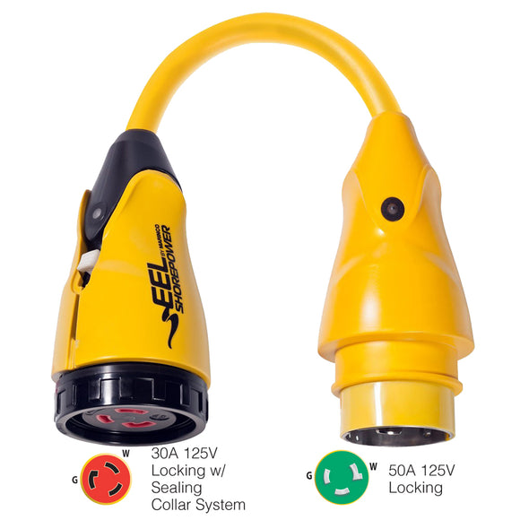 Marinco P503-30 EEL 30A-125V Female to 50A-125V Male Pigtail Adapter - Yellow - Fishing Monsters