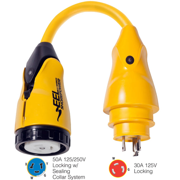 Marinco P30-504 EEL 50A-125/250V Female to 30A-125V Male Pigtail Adapter - Yellow - Fishing Monsters