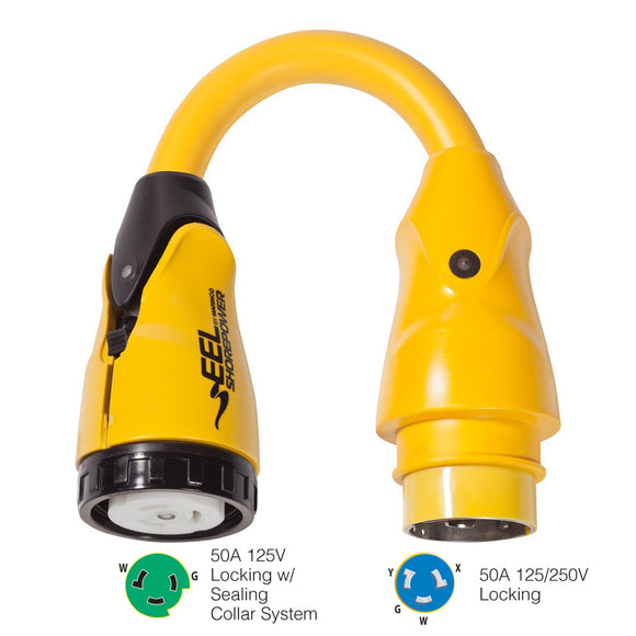 Marinco P504-503 EEL 50A-125V Female to 50A-125/250V Male Pigtail Adapter - Yellow - Fishing Monsters