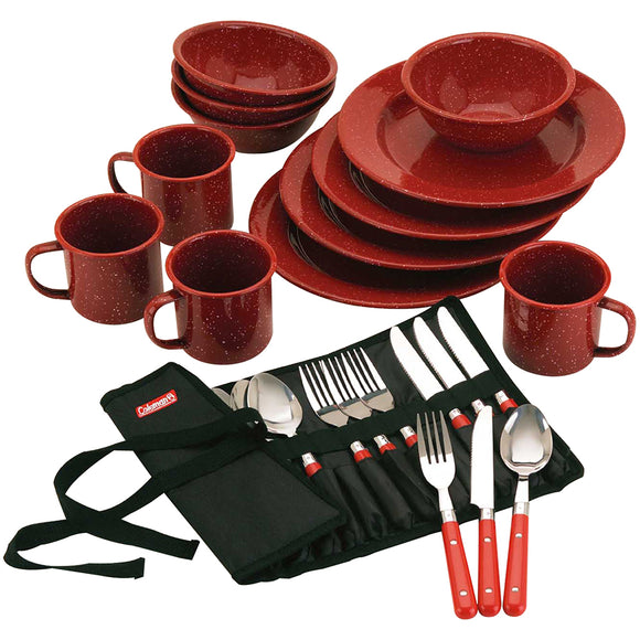 Coleman 24-Piece Speckled Enamelware Cook Set - Red - Fishing Monsters