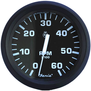 Faria Euro Black 4" Tachometer - 6,000 RPM (Gas - Inboard & I/O) - Fishing Monsters