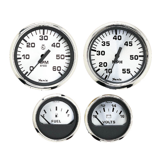 Faria Spun Silver Box Set of 4 Gauges f/Outboard Engines - Speedometer, Tach, Voltmeter & Fuel Level - Fishing Monsters