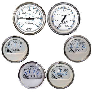 Faria Chesapeake White w/Stainless Steel Bezel Boxed Set of 6 - Speed, Tach, Fuel Level, Voltmeter, Water Temperature & Oil PSI - Inboard Motors - Fishing Monsters