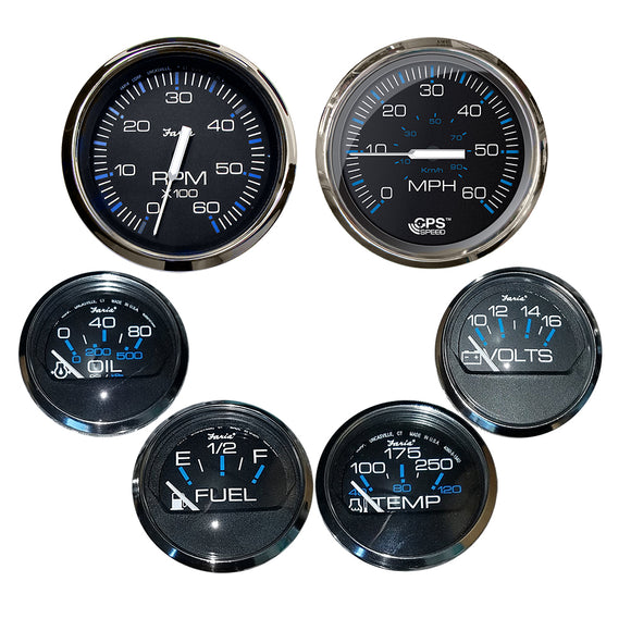 Faria Chesapeake Black w/Stainless Steel Bezel Boxed Set of 6 - Speed, Tach, Fuel Level, Voltmeter, Water Temperature & Oil PSI - Inboard Motors - Fishing Monsters