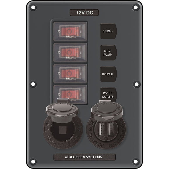 Blue Sea 4321 Circuit Breaker Switch Panel 4 Position - Gray w/12V Socket & Dual USB - Fishing Monsters