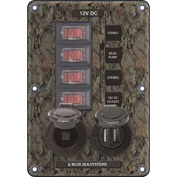 Blue Sea 4324 Circuit Breaker Switch Panel 4 Postion - Camo w/12V Socket & Dual USB - Fishing Monsters