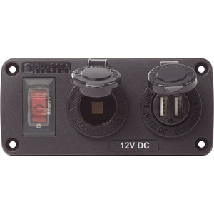 Blue Sea 4363 Water Resistant USB Accessory Panels - 15A Circuit Breaker, 12V Socket, 2.1A Dual USB Charger - Fishing Monsters