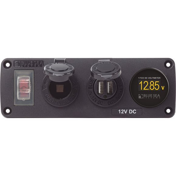 Blue Sea 4366 Water Resistant USB Accessory Panel - Circuit Breaker, 12V Socket, Dual USB Charger, Mini Voltmeter - Fishing Monsters