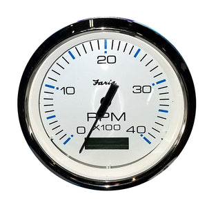 Faria Chesapeake White SS 4" Tachometer w/Hourmeter (4000 RPM) (Diesel) (Mech. Takeoff & Var. Ratio Alt) - Fishing Monsters