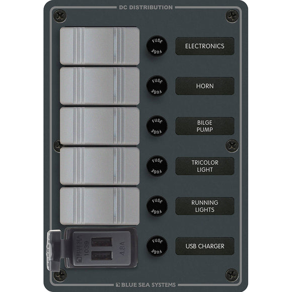 Blue Sea 8121 - 5 Position Contura Switch Panel w/Dual USB Chargers - 12/24V DC - Black - Fishing Monsters