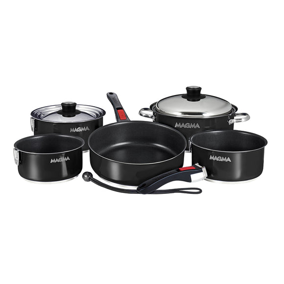 Magma Nestable 10 Piece Induction Non-Stick Enamel Finish Cookware Set - Jet Black - Fishing Monsters