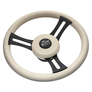 Schmitt Marine Torcello Elite 14" Wheel - Beige Leather & Cap - White Stitching - Black SS Spokes - 3/4" Tapered Shaft - Fishing Monsters